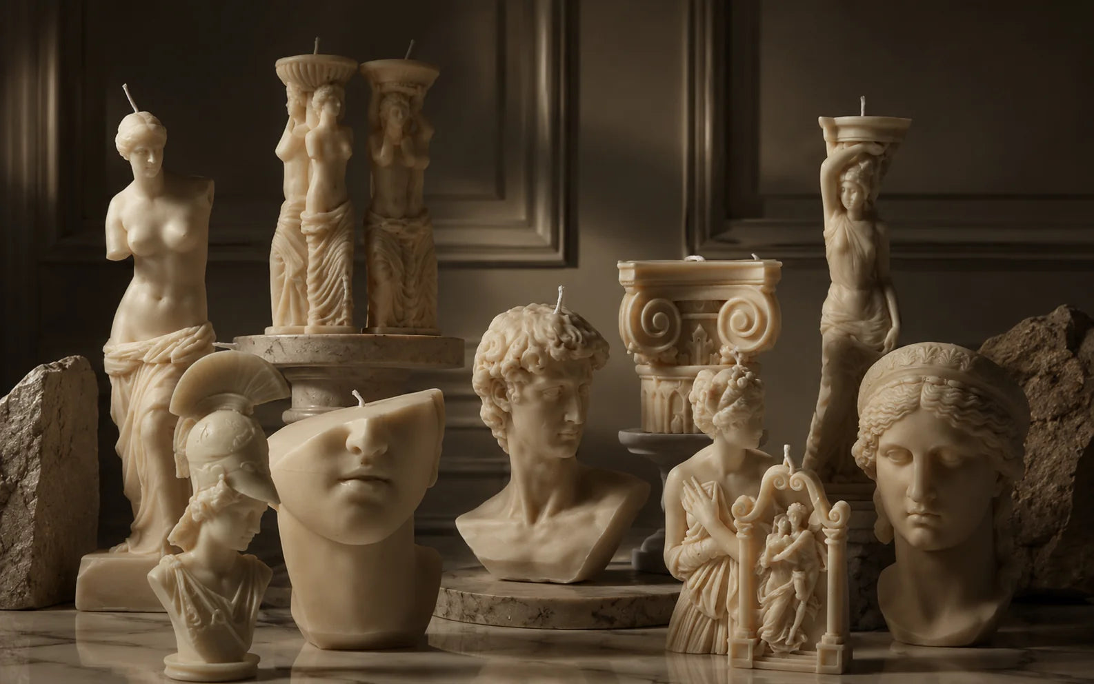 Sculptural candles and classical-inspired decor