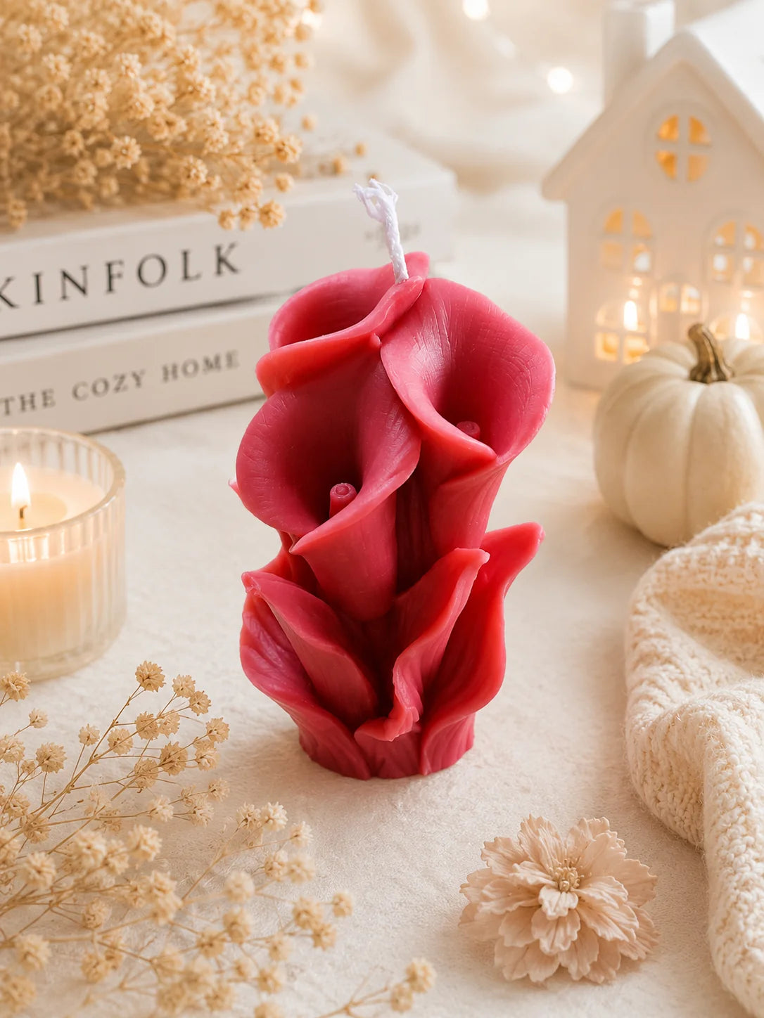 Flower candle styled with dried flowers