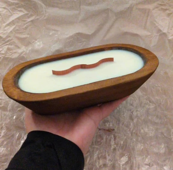Wooden dough bowl candle with wavy wooden wick