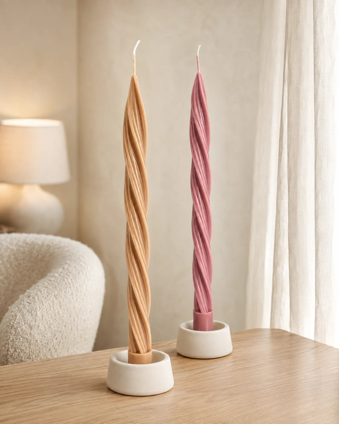 Twisted taper candles styled on a table