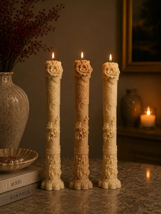 Vintage Carved Taper Candle 9x1.75 inches