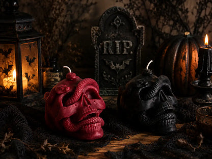 Skull with Snake Pillar Candle 3.5x4 inches