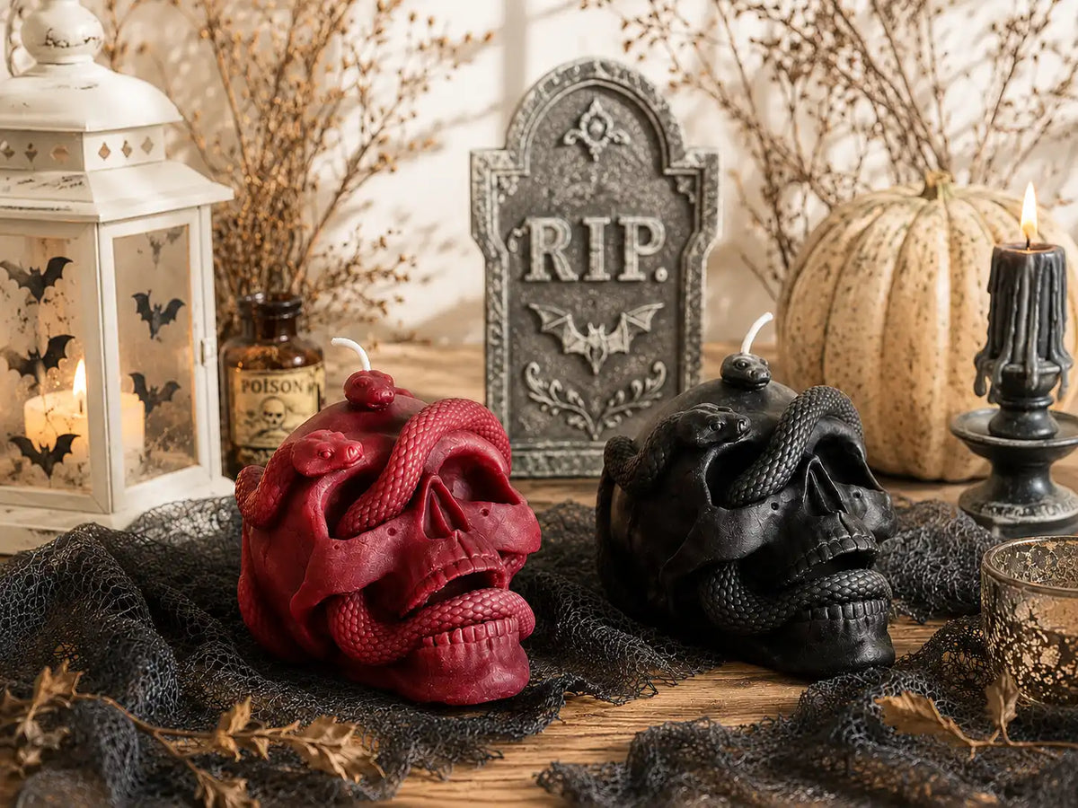 Skull with Snake Pillar Candle 3.5x4 inches