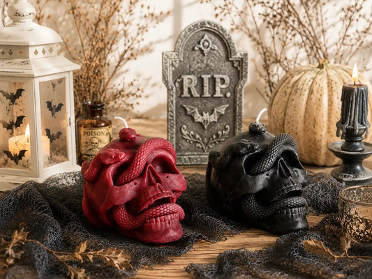 Skull with Snake Pillar Candle 3.5x4 inches