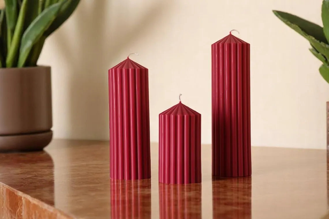 Set of 3 Textured Ribbed Pillar Candle
