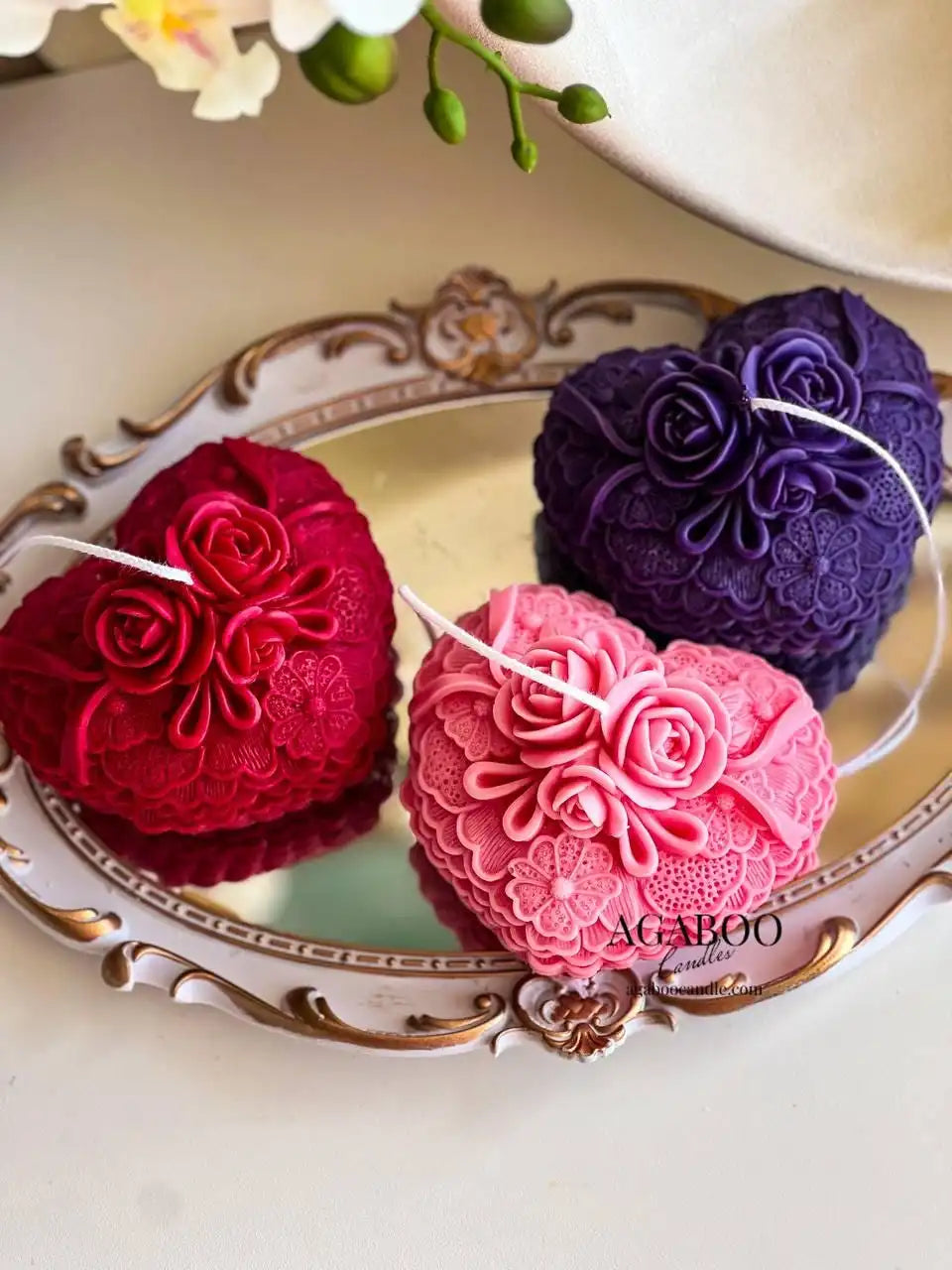 Rose-Adorned Heart Candle 3x5 inches