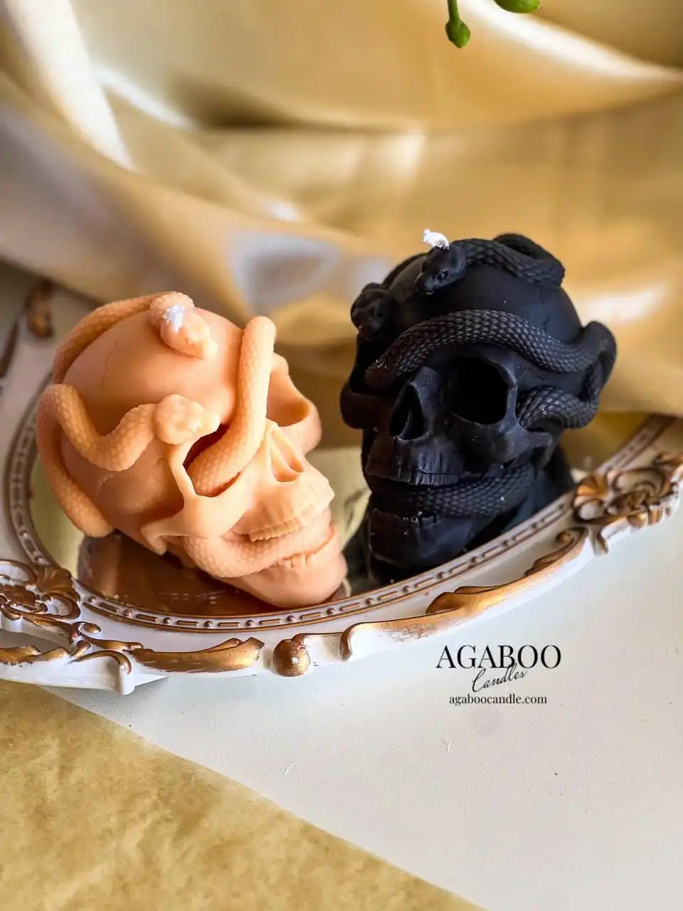 Skull with Snake Pillar Candle 3.5x4 inches
