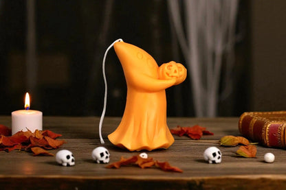 Spooky Ghost with Pumpkin Candle 5.5x4 inches