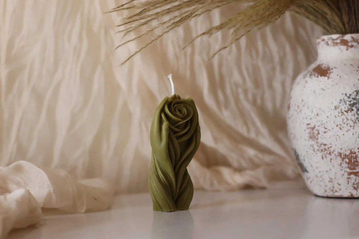 Hands Holding Rose Candle 4x1.5 inches