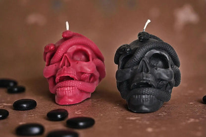 Skull with Snake Pillar Candle 3.5x4 inches