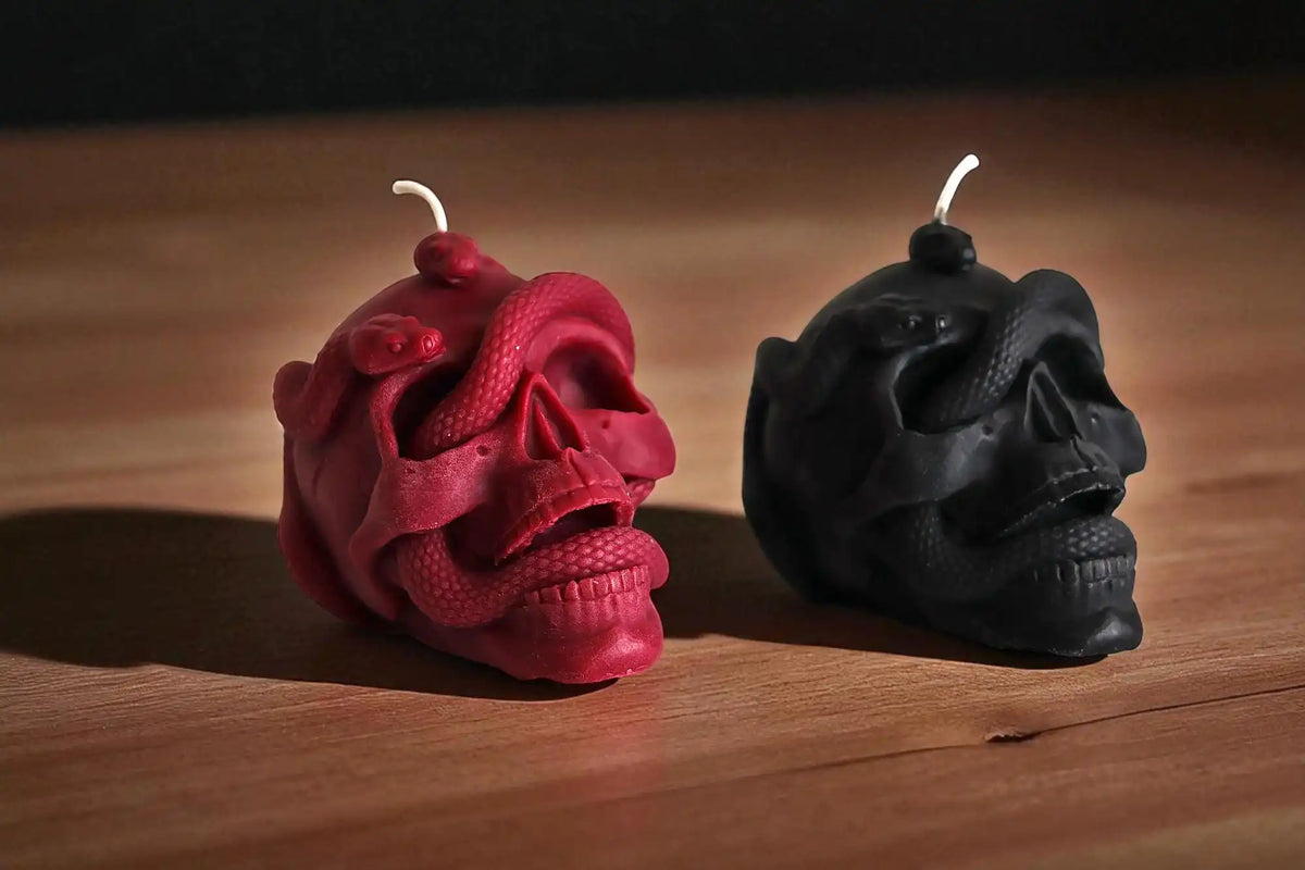 Skull with Snake Pillar Candle 3.5x4 inches