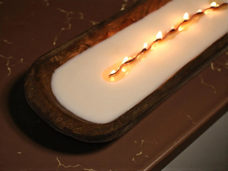 Wooden dough bowl candle with wavy wooden wick